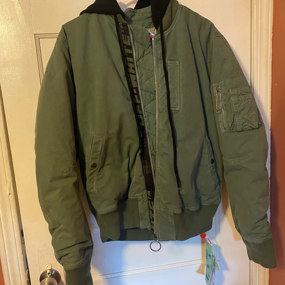 2021 S/S Off-White Logo Print Bomber Jacket with Detachable Hoodie Sz S